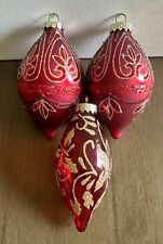 Lot of 3 Red Glass Gold Glittered Tear Drop Christmas Ornaments 5” picture
