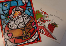 2 UNUSED Vtg SANTA CHRISTMAS Mosaic SANTA & SANTA Roof CHIMNEY Bird Nest CARDS picture