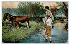 1909 Going Milking In Hanlie Iowa IA, Cow Scene River York PA Antique Postcard picture