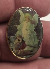 VTG Lapel Pinback Hat Pin Gold Tone Guardian Angel Oval Shape Religious  picture