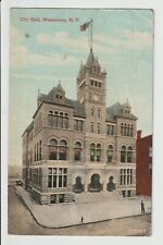 Watertown New York City Hall scene with flag people 1910 NY view POSTED Postcard picture