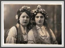 30s Couple beautiful young girls Ukrainian national costume Braid antique photo  picture