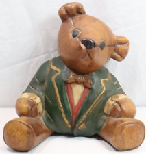 Vintage Wooden Brown Teddy Bear Hand Carved Painted Art 9