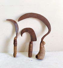 Vintage Primitive Iron Hand Sickle Blade Set Of 3 Farm Tool Collectibles I190 picture