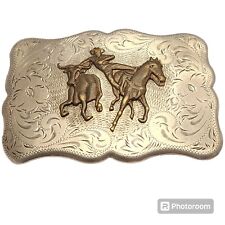 Diablo Cowboy Horse Rodeo Bull Dogging Sterling Silver Western Belt Buckle  picture