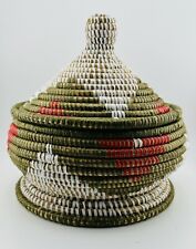 Senegal Hand Woven Round Coiled Basket with Lid Red Green White Tribal 8.5” picture