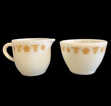 Vintage Pyrex Corning Milk Glass Butterfly Gold Creamer and Open Sugar Bowl 2pc picture