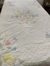 Vintage White Quilt with Pink Yellow Blue Tulips Green Scallop Edge 83x70 picture