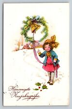 c1925 Girl with Wreath Most Heartfelt New Year's Greetings Vintage Postcard 1118 picture