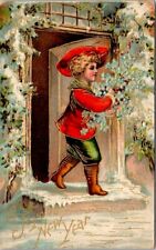 New Year Armful Flowers Red Coat u/s Clapsaddle Emboss c1910 postcard AQ2 picture