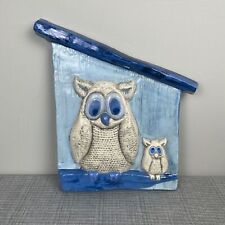 Vintage 1976 Handmade Ceramic Blue Owl Birdhouse Wall Hanging Decor picture