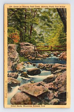 c1940 Linen Postcard Smoky Mountains Roaring Fork Greek Foot Bridge picture