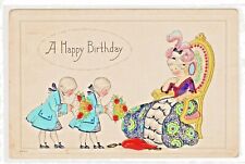 Postcard Birthday Greetings Kids Queen Throne Wigs Bouquets 1915 PU (Z4A) picture