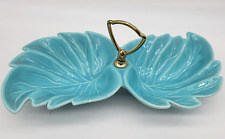 Vtg 70s California Pottery Dish DIVIDED Candy Nut Feather Leaf Teal Brass Handle picture