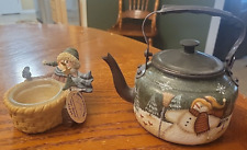 Vintage Crazy Mountain Snowman Teapot & Snowman Candleholder picture