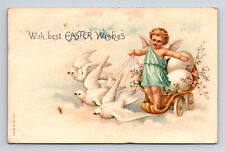 1908 Best Easter Wishes Angel Riding Dove Pulled Chariot Carriage Postcard picture