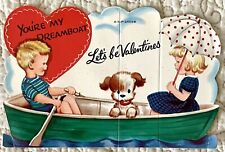 Vintage Valentine Boy Girl Dog Puppy Dream Boat Greeting Card 1950s 1960s picture