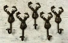 SET of 5 DEER HOOKS rustic bronze brown cast iron heavy duty hooks for lodge elk picture