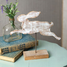 New Primitive Farmhouse AGED WHITE LEAPING BUNNY ON POST Jumping Rabbit Figure picture