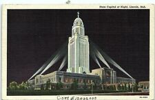 1945 Lincoln Nebraska State Capitol at Night Linen Postcard 13-25 picture