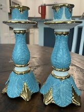 Pair Of Antique Turquoise Ceramic Candle Stick Holders picture