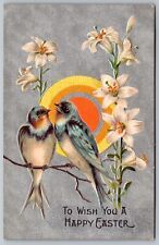 Antique Easter Postcard Lillies Birds Shiny Silver Background Embossed 1910s J4 picture
