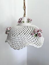 Capodimonte Made in Italy Basketweave Hanging Light Pendant Shaded Roses Vintage picture