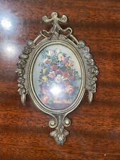 Vintage Miniature Small Oval Ornate Brass Picture Frame w/ Floral Print ITALY picture