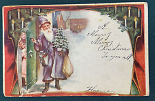 1907 Purple Robe Visiting Santa Christmas Postcard with Tree & Sack Antique picture