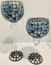 Set Of 2 Blue Mosaic Glass Candle Holders- 16” & 12”- Decor- Candle Sticks picture
