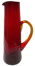 Vintage Hamon Glass Pitcher Hand Blown Crackle Red Amber  Mid Century 12 1/4
