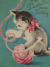 1950s Vtg KITTEN w SILVER Bell Plays w PINK YARN For DAUGHTER on BIRTHDAY CARD picture