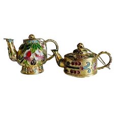 Vintage Cloisonne Enamel Miniature Teapot Ornament Set Hand Painted Collectible  picture