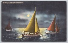 Sailing Over Moonlit Waters Sail Boats Moon Ocean Linen Postcard Vtg Posted 1947 picture