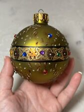 Vintage Christmas Ornament Hand Painted Faux Gems Textured Bling Green Gold Tone picture