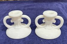 Pair of  L. E. Smith Pressed White Milk Glass Candlestick Holders Pattern #408 picture