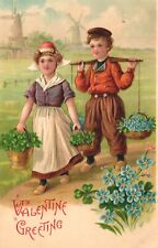 Postcard Valentine Dutch Children with Flowers & Clover picture