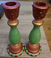 Vintage Hand Painted Wooden Taper Candle Holders Set Of 2 picture