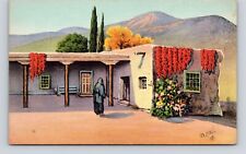 Postcard Southwest Home drying Chili Peppers Adobe Hollyhocks Southwest picture