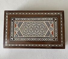 Vintage Wooden Trinket Box Inlay Mother Of Pearl Mosaic Velvet Lined Dresser Box picture