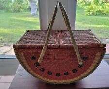 Vintage wicker watermelon picnic basket rattan dyed beaded polychrome ca. 1950s picture