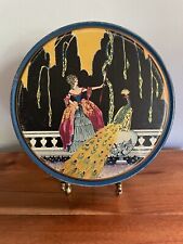 Vintage CANCO Shallow Round Metal Tin Art Deco - Lady With Peacock 8 1/2” picture