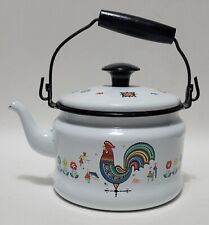 Vintage Swedish Berggren Enamelware Rooster Kettle Teapot Scandinavian Folk Art picture
