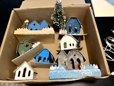 Lot of 7 Putz Christmas Village Cardboard Houses Japan with LIGHTS picture
