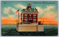 New London CT~Southwest Ledge Lighthouse On Thames River~Boat~1940s Linen picture