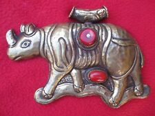 Tantric Buddhist Magnificent Huge Embossed Brass Rhino With Inset Coral Pendant picture