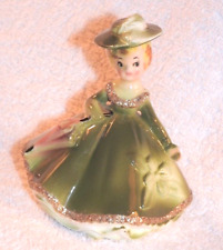 Vintage Ceramic Blonde Lady Figurine in Green Dress Hat and Parasol Gold Trim picture