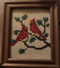 Vintage Embroidery Art Red Cardinals Handcrafted Wall Decor 70s MCM Size 8x10 picture