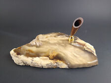 Vintage Geode Polished Stone and Brass Pen Holder Mid Century Modern Office picture