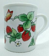 sweet strawberry mug ceramic or porcelain white w/ flowers leaves cute butterfly picture